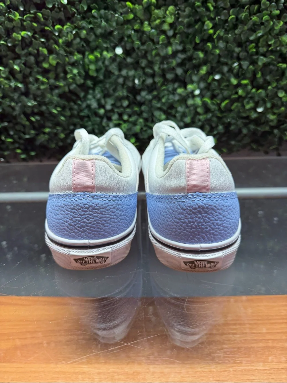 Vans White Low-Top Sneakers with Light Blue Heel & Pink Accent